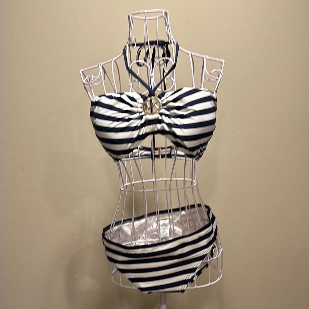 Michael Kors Navy and White Striped Bikini Top with Gold Accent like new